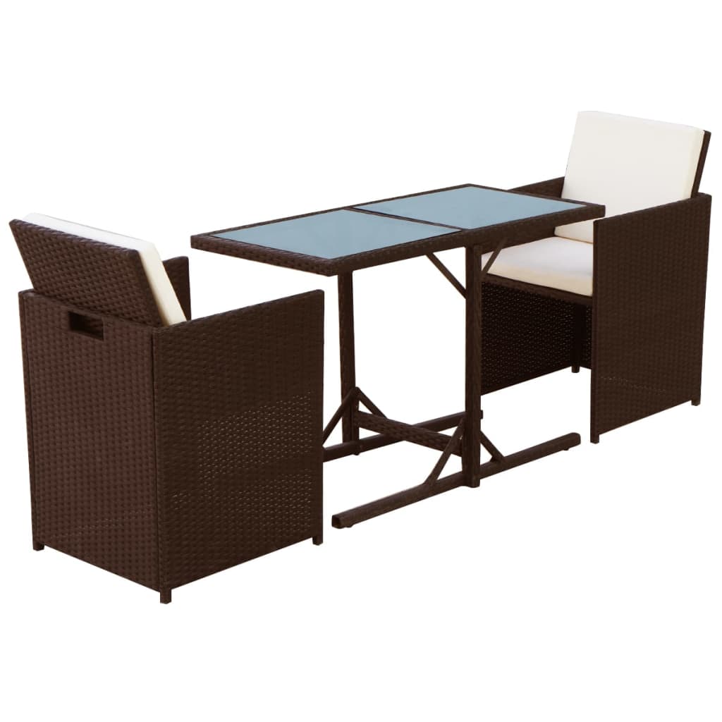 3-tlg. Bistro-Set mit Kissen Poly Rattan Braun