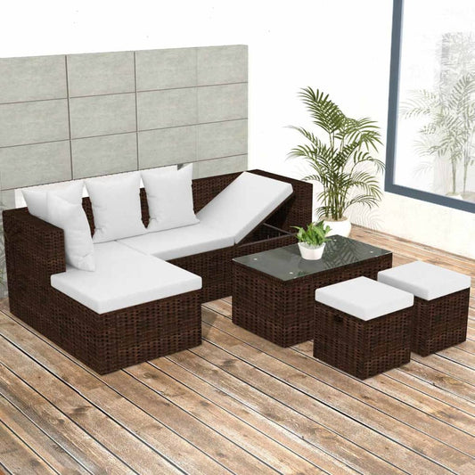 4-tlg. Garten-Lounge-Set mit Auflagen Poly Rattan Braun