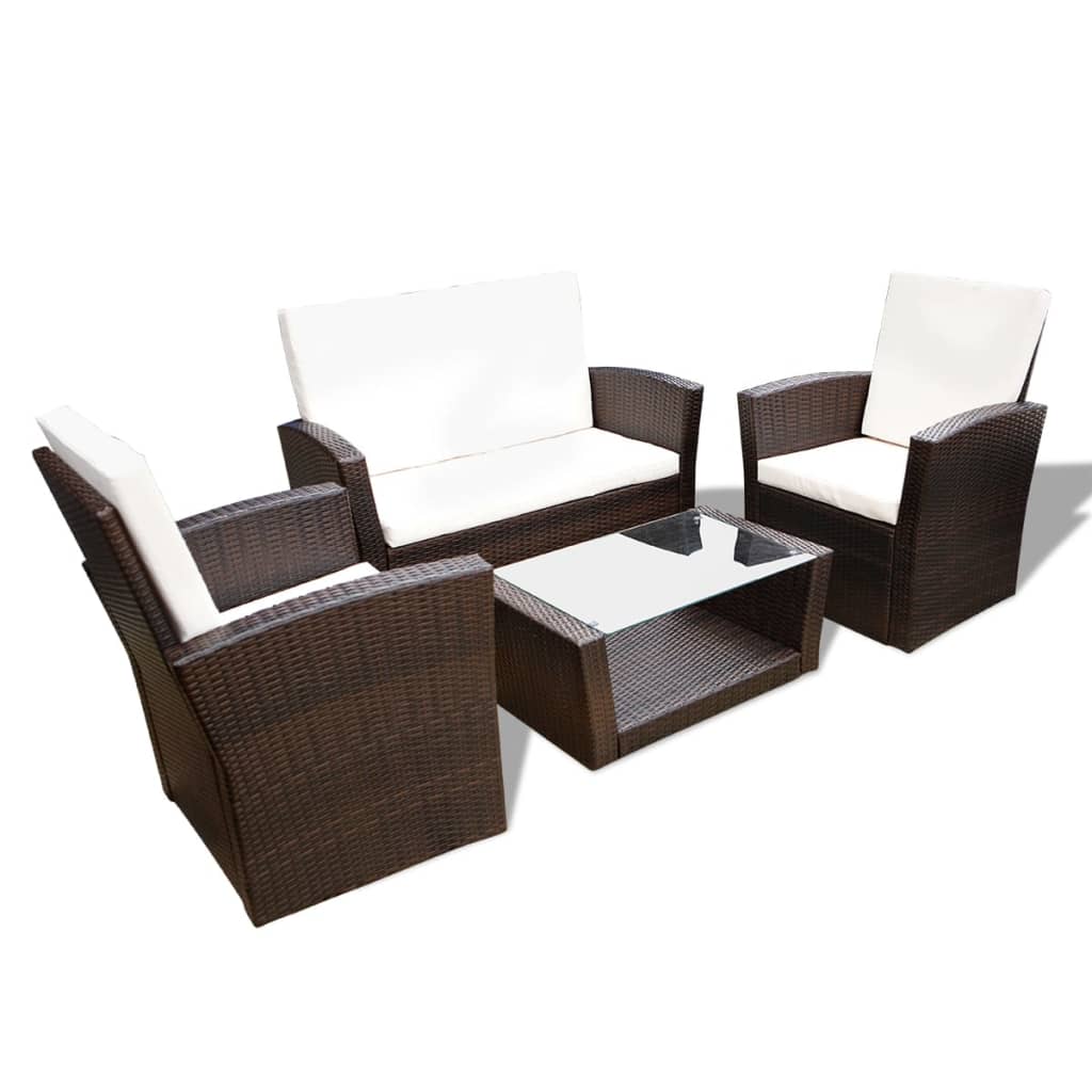 4-tlg. Garten-Lounge-Set mit Kissen Poly Rattan Braun