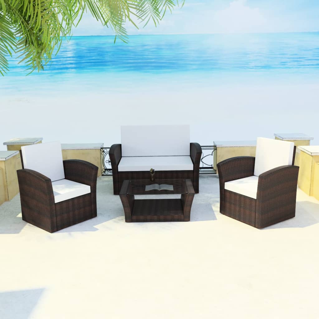 4-tlg. Garten-Lounge-Set mit Kissen Poly Rattan Braun