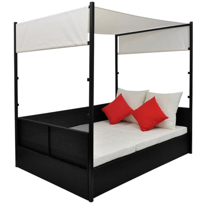 Gartenbett mit Baldachin Schwarz 190×130 cm Poly Rattan