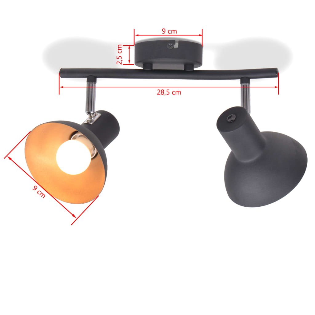 Lámpara de techo para 2 bombillas E27 negra y dorada.