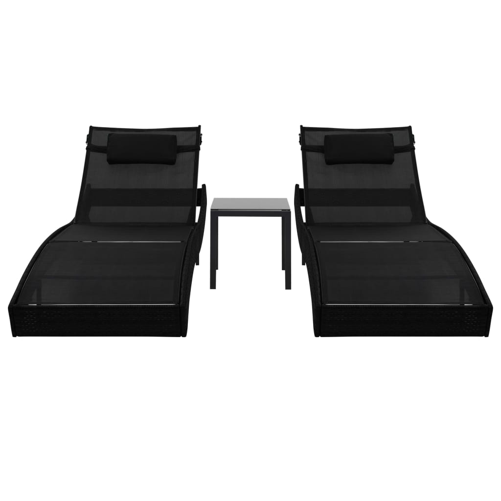 Chaises longues 2 pcs. avec table poly rotin et textilène noir