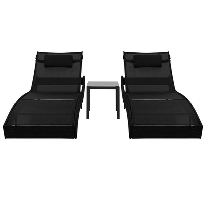 Chaises longues 2 pcs. avec table poly rotin et textilène noir