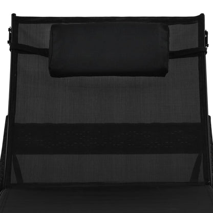 Chaises longues 2 pcs. avec table poly rotin et textilène noir