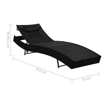 Chaises longues 2 pcs. avec table poly rotin et textilène noir