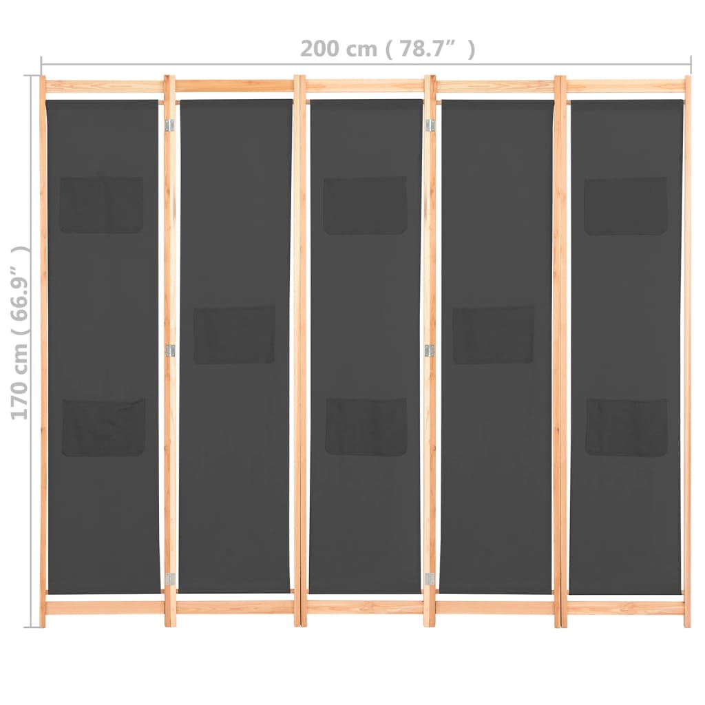 5-teiliger Raumteiler Grau 200 x 170 x 4 cm Stoff