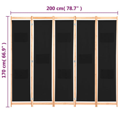 Separador de ambientes de 5 piezas tejido negro 200 x 170 x 4 cm