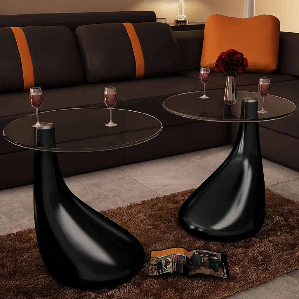 Tables d'appoint avec plateau rond en verre 2 pièces Noir brillant.