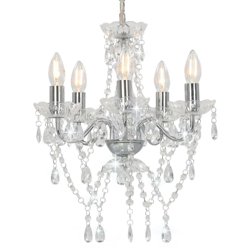 Lustre avec perles de cristal argent rond 5 x E14