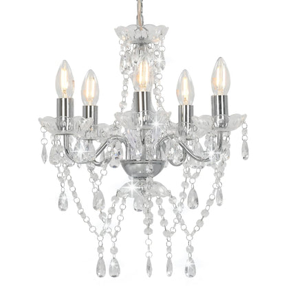 Lustre avec perles de cristal argent rond 5 x E14