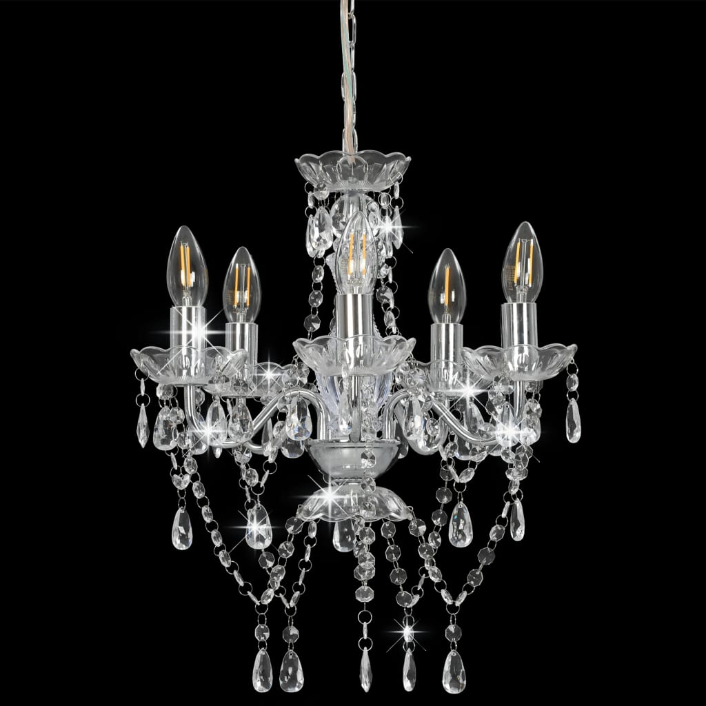 Lustre avec perles de cristal argent rond 5 x E14