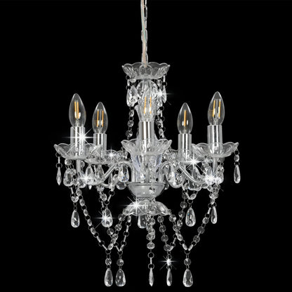 Lustre avec perles de cristal argent rond 5 x E14