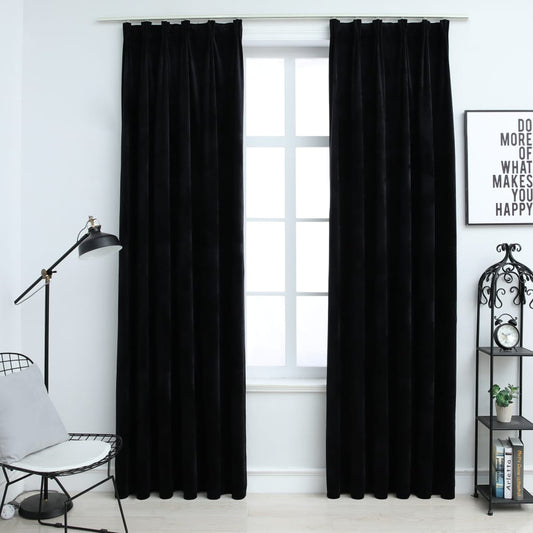 Cortinas opacas con ganchos 2 uds. Terciopelo Negro 140x175 cm.