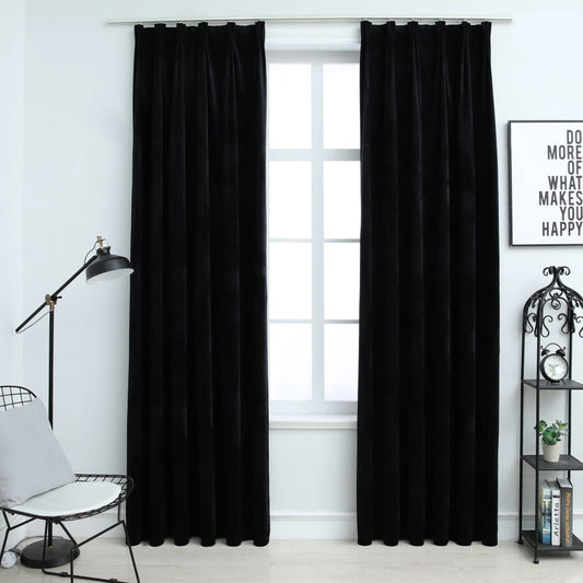 Cortinas opacas con ganchos 2 uds. Terciopelo Negro 140x245 cm.