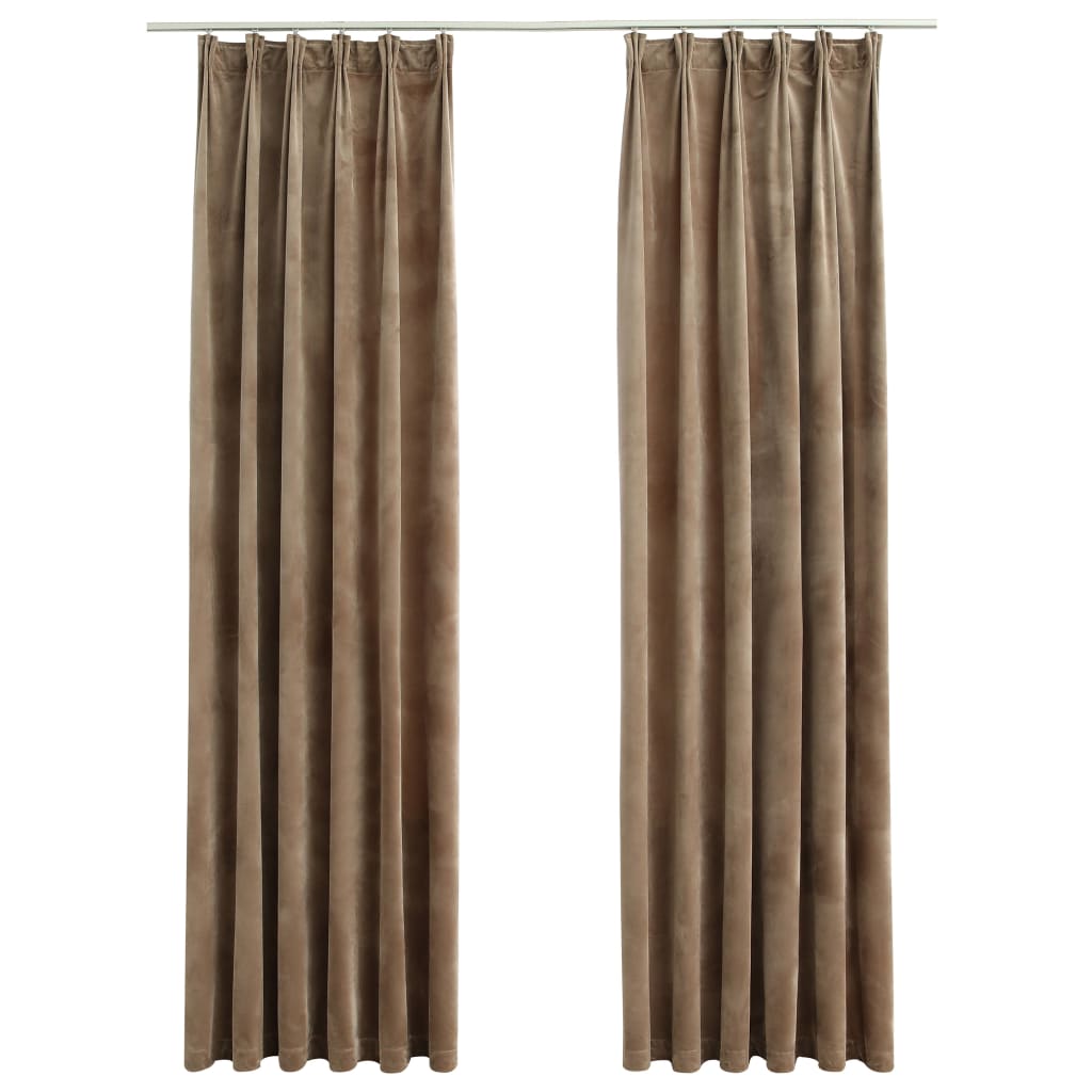 Cortinas opacas con ganchos 2 uds. Terciopelo beige 140x225 cm.