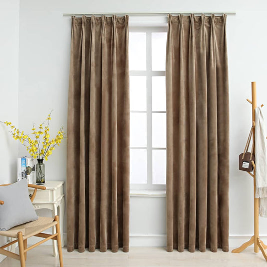 Cortinas opacas con ganchos 2 uds. Terciopelo beige 140x225 cm.