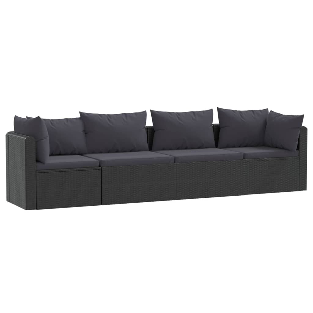 4 pièces. Ensemble canapé de jardin avec coussins poly rotin noir