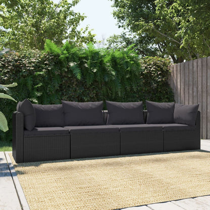 4 pièces. Ensemble canapé de jardin avec coussins poly rotin noir