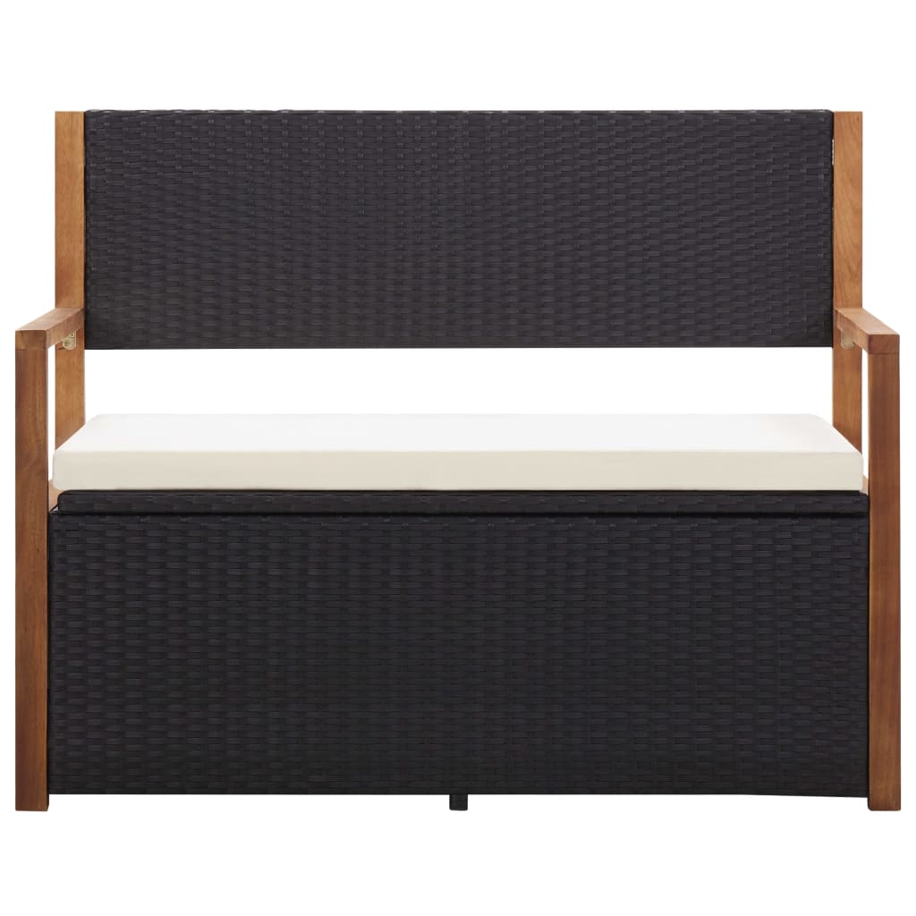 Bank mit Stauraum 115 cm Poly Rattan Massivholz Akazie Schwarz