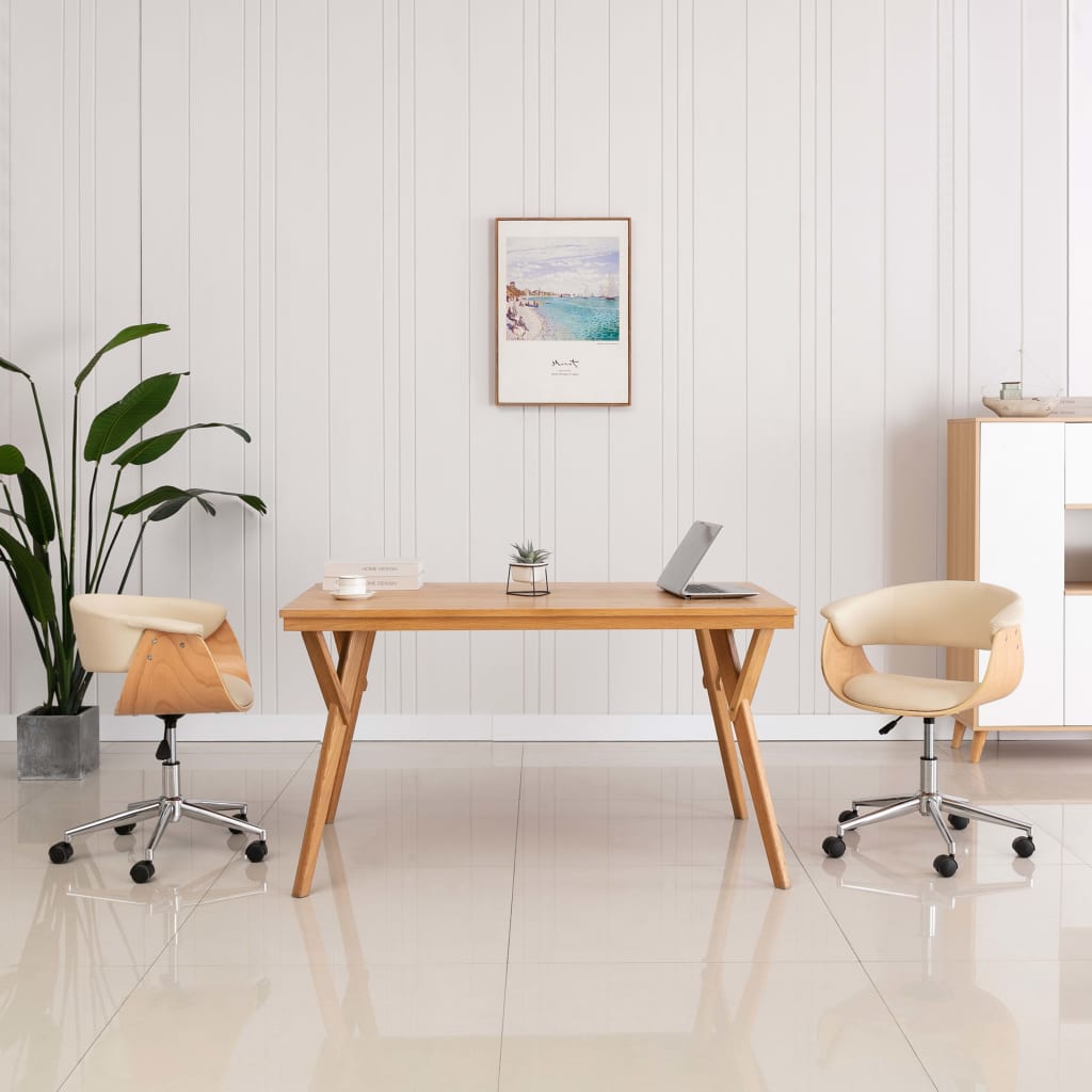 Chaise de salle à manger pivotante en bois courbé crème et simili cuir