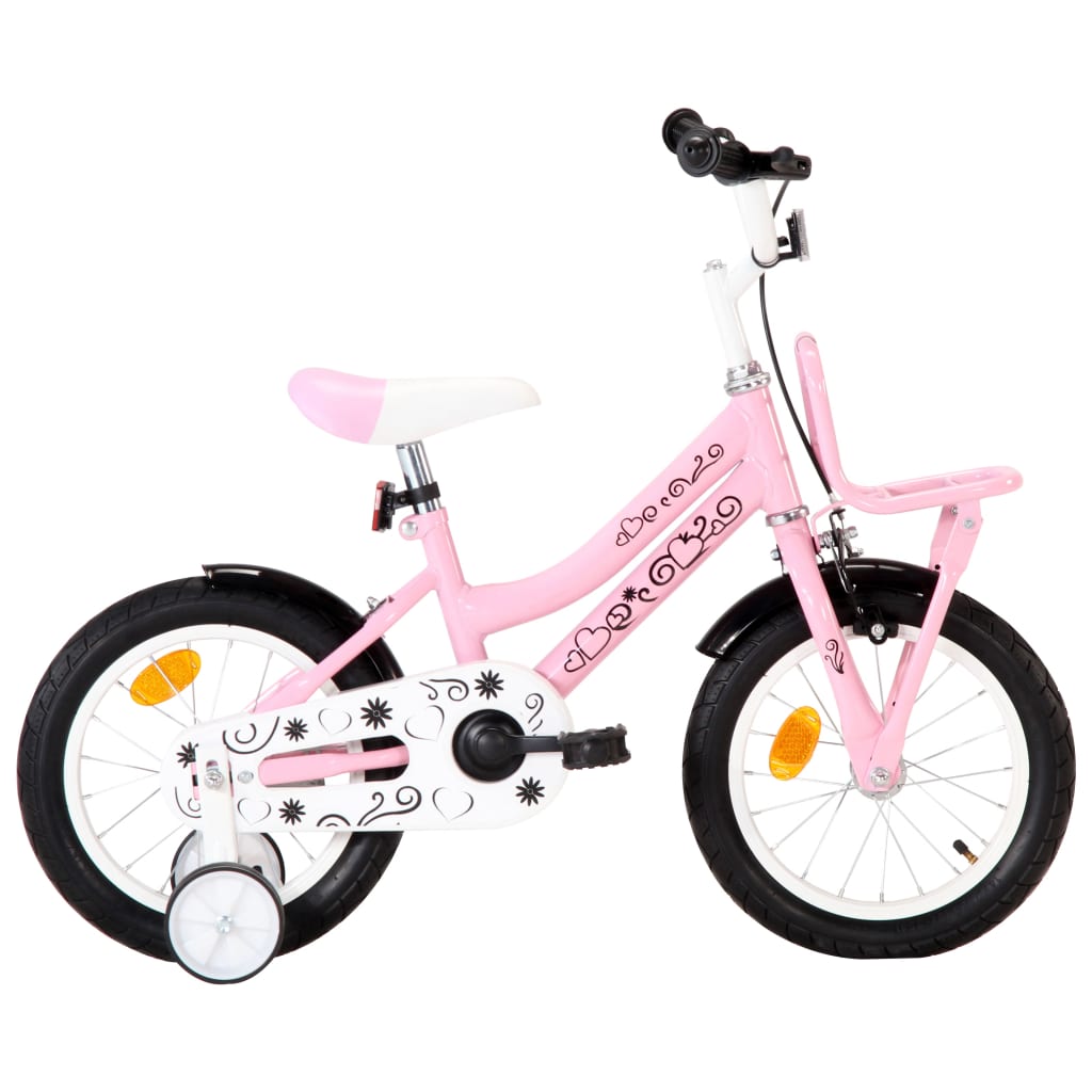 Kinderfahrrad mit Frontgepäckträger 14 Zoll Weiß und Rosa