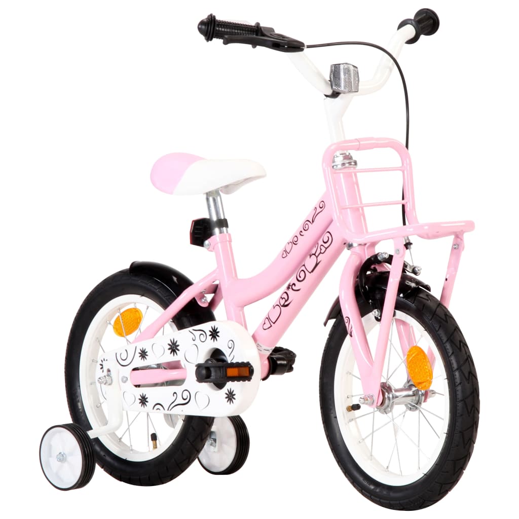 Kinderfahrrad mit Frontgepäckträger 14 Zoll Weiß und Rosa