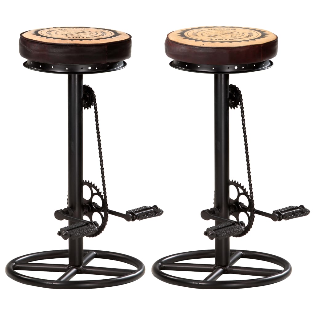 Tabourets de Bar avec Impression sur Toile 2 pcs Cuir Véritable Noir et Marron