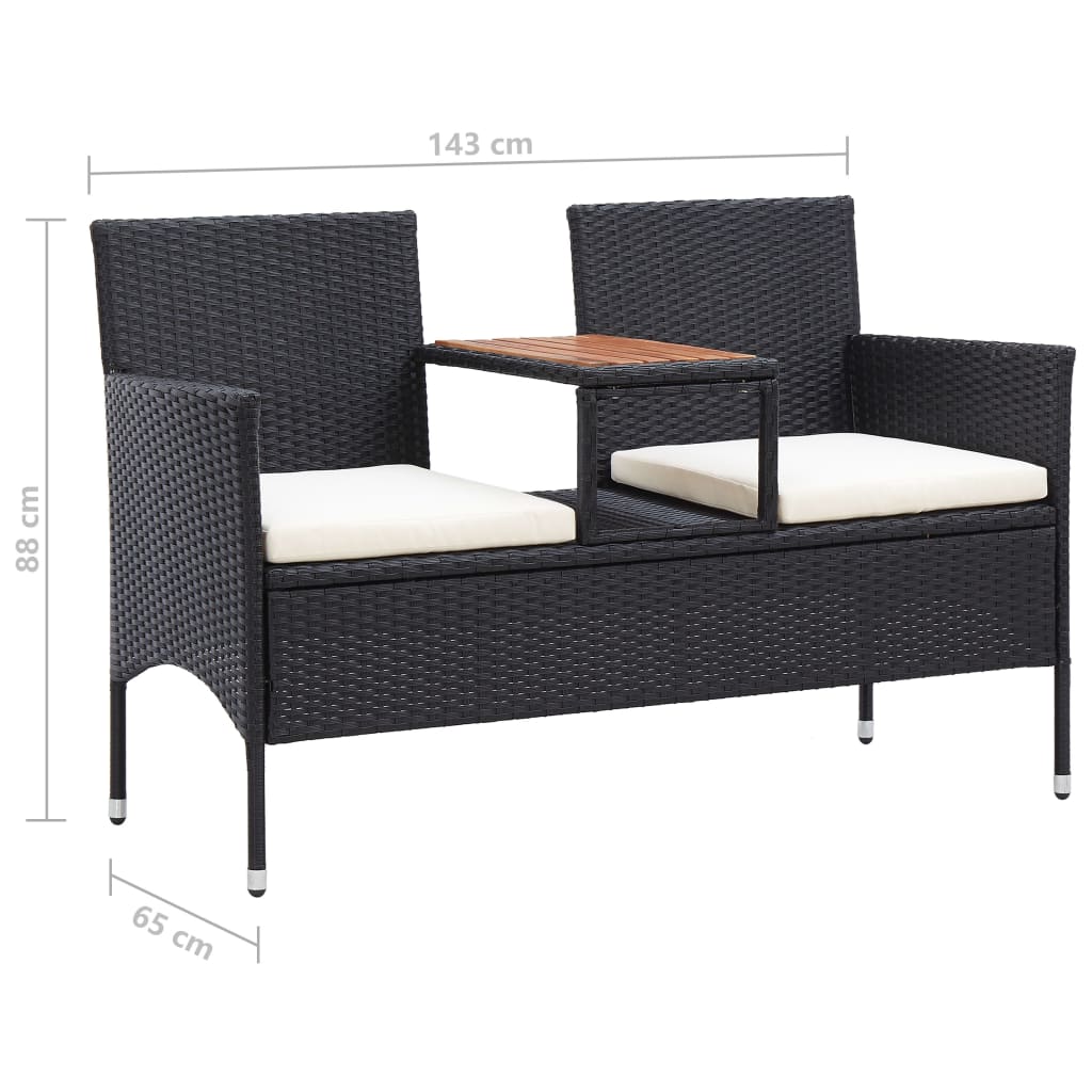 Banc de jardin 2 places avec table à thé 143 cm poly rotin noir