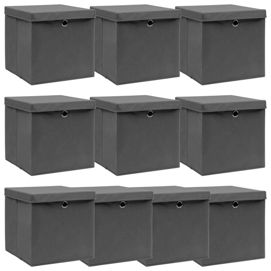 Boîtes de rangement avec couvercles 10 pcs. Tissu gris 32x32x32 cm