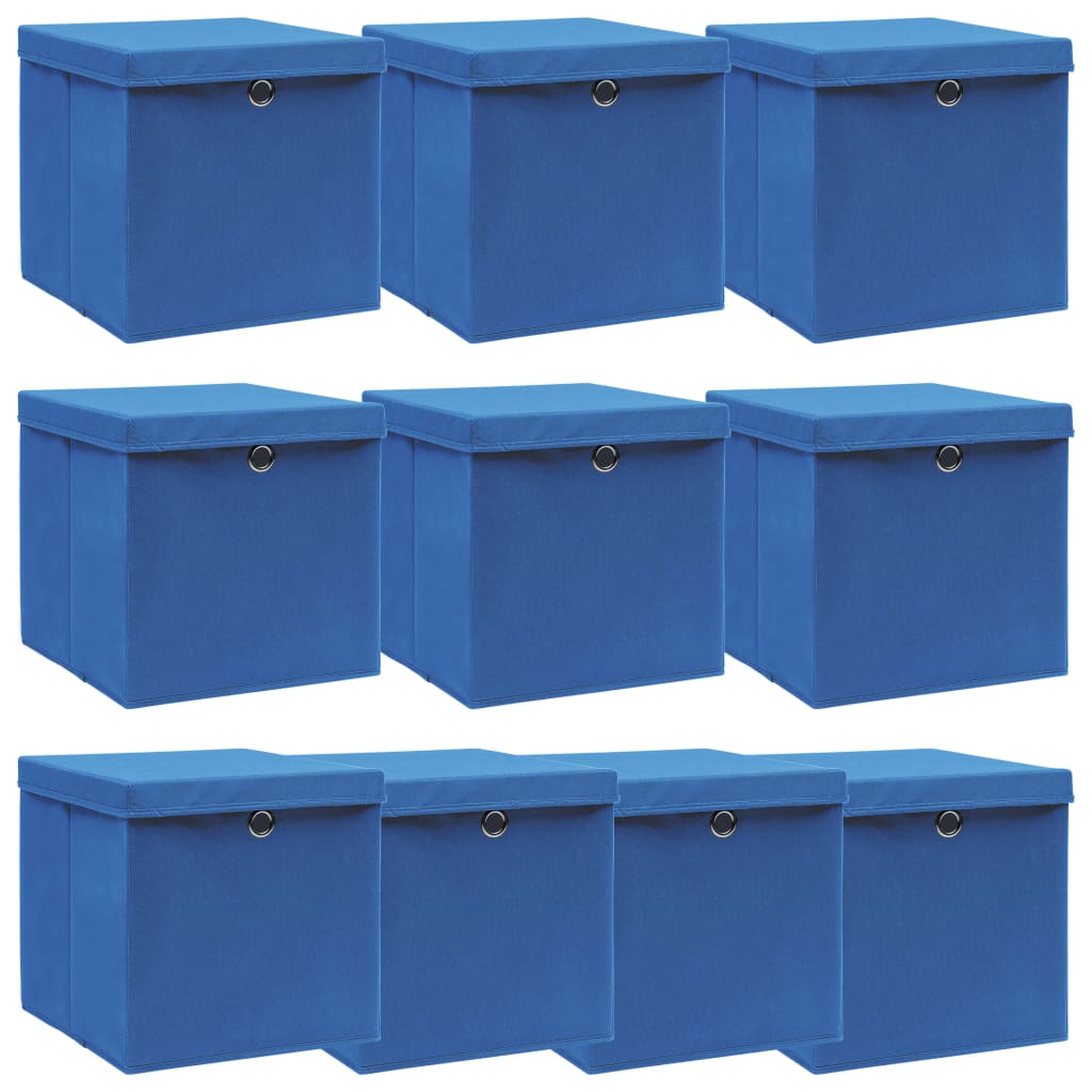 Cajas de almacenamiento con tapa 10 uds. Tela azul 32x32x32 cm.