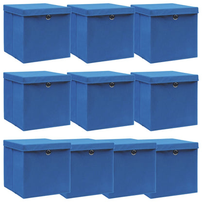 Cajas de almacenamiento con tapa 10 uds. Tela azul 32x32x32 cm.