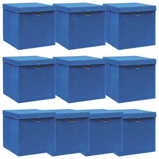 Boîtes de rangement avec couvercles 10 pcs Tissu bleu 32x32x32 cm