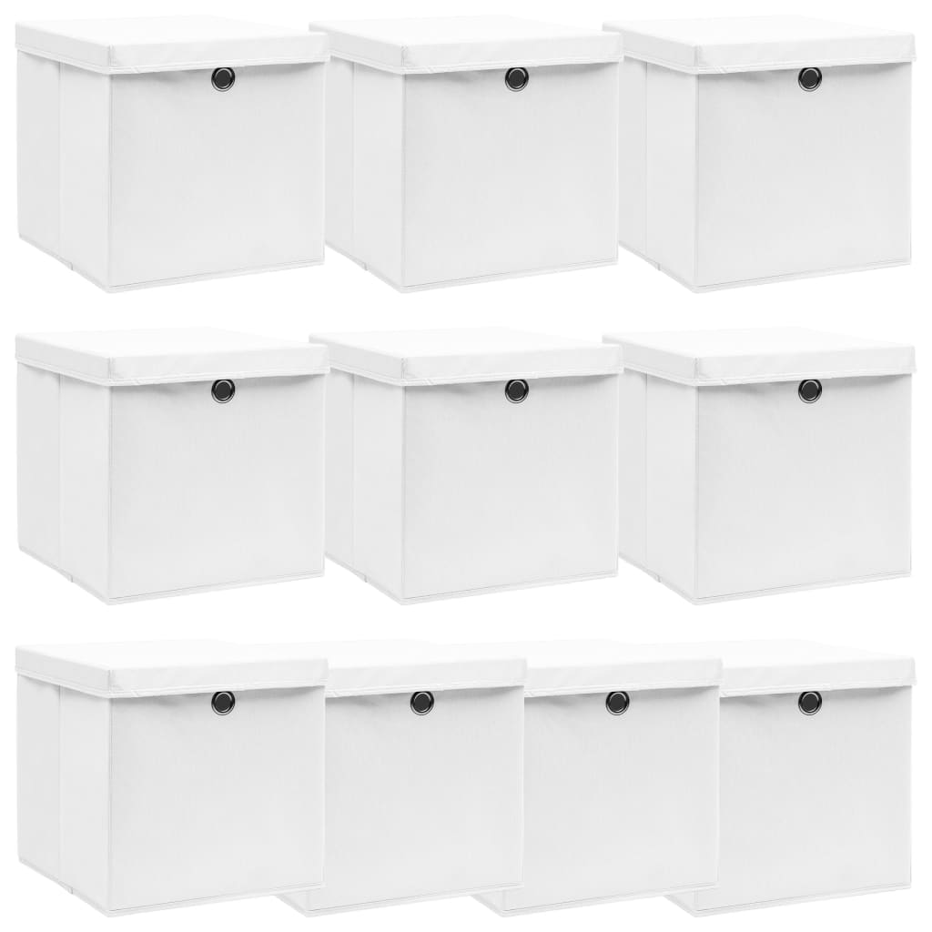 Boîtes de rangement avec couvercles 10 pcs Tissu blanc 32x32x32 cm