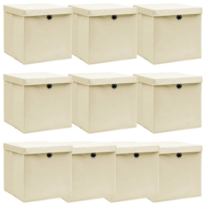 Aufbewahrungsboxen mit Deckel 10 Stk. Creme 32x32x32 cm Stoff