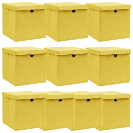 Boîtes de rangement avec couvercles 10 pcs. Tissu jaune 32x32x32 cm