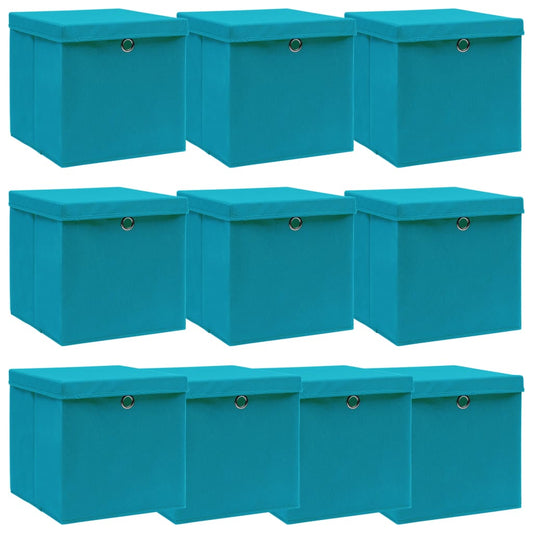 Boîtes de rangement avec couvercles 10pcs. Tissu bleu bébé 32x32x32cm