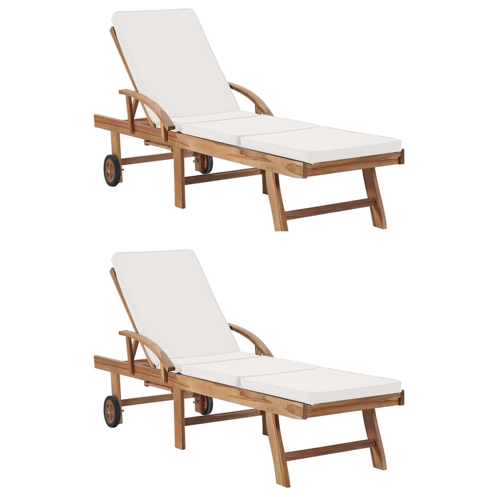 Sonnenliegen mit Auflagen 2 Stk. Massivholz Teak Creme Medium 