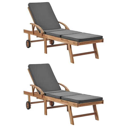 Chaises longues avec coussins 2 pièces en bois de teck massif gris foncé.