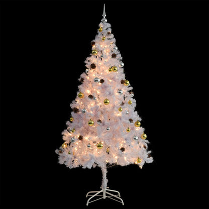 Sapin de Noël artificiel avec lumières et boules blanc 210 cm