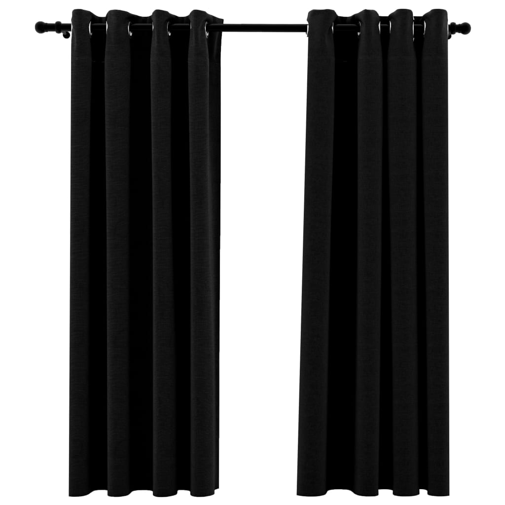 Cortinas opacas con ojales aspecto lino 2 piezas negro 140x175cm