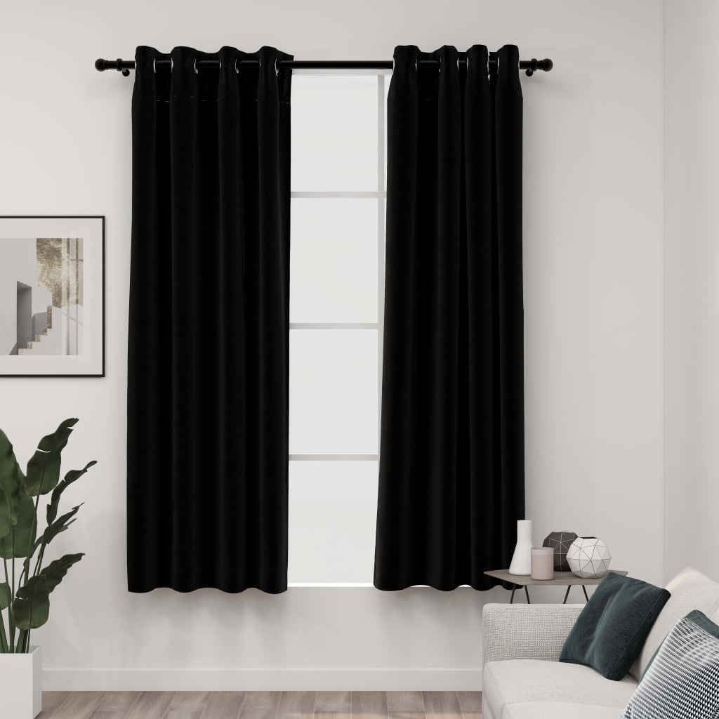 Cortinas opacas con ojales aspecto lino 2 piezas negro 140x175cm