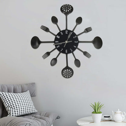 Reloj de pared con diseño cuchara y tenedor aluminio negro 40 cm