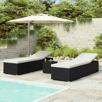 3 pièces. Bains de soleil de jardin avec table à thé poly rotin noir