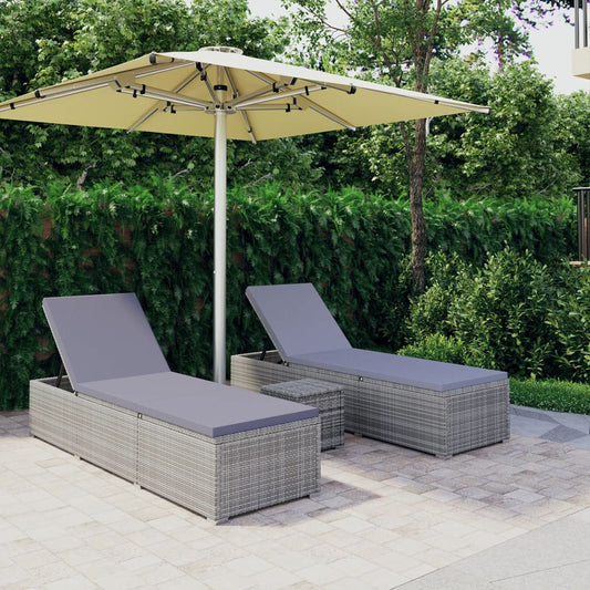 3 pièces. Bains de soleil de jardin avec table à thé poly rotin gris