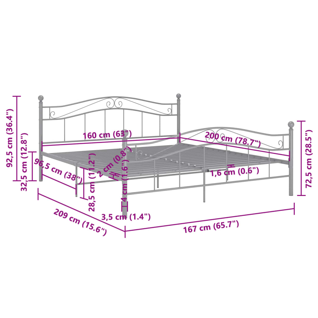 Bett Grau Metall 160x200 cm