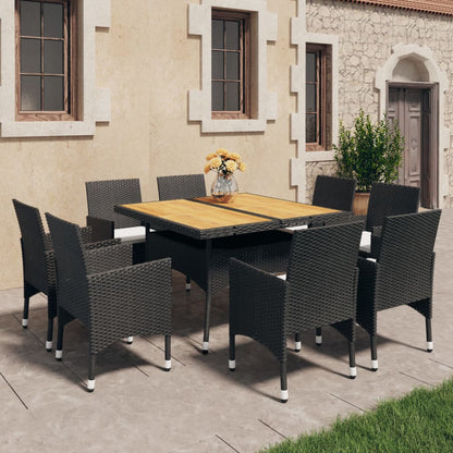 9 uds. Conjunto de comedor de jardín ratán sintético madera maciza de acacia negro