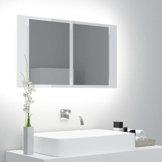 Armoire de toilette avec miroir de salle de bain LED blanc brillant 80x12x45 cm acrylique