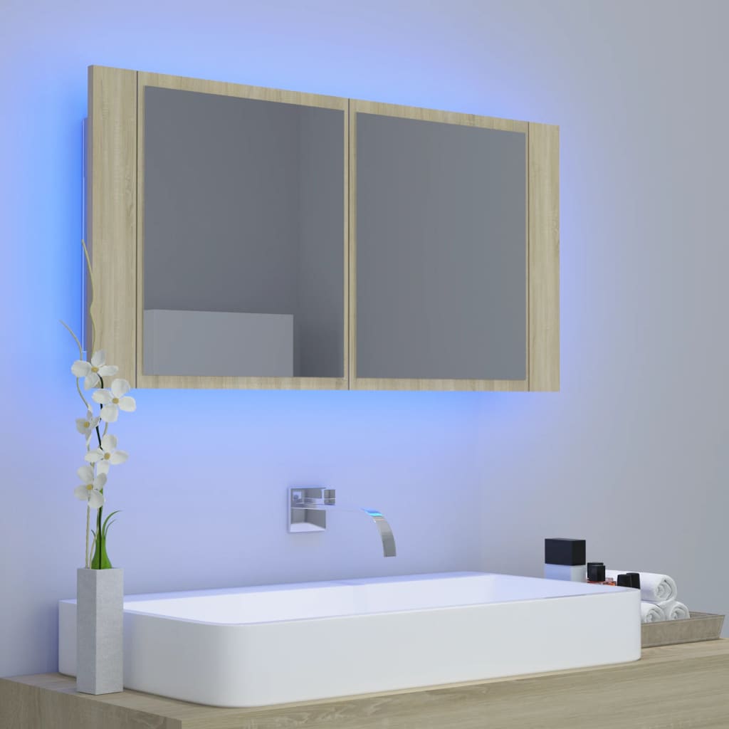 Armoire de toilette LED avec miroir de salle de bain Chêne Sonoma 90x12x45 cm acrylique