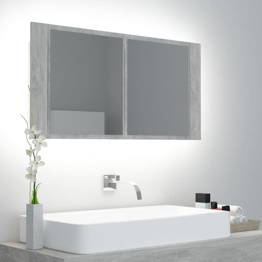 Armoire de toilette LED avec miroir de salle de bain gris béton 90x12x45 cm acrylique